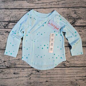 NWT Cat & Jack Girls Long Sleeve T-Shirt Size 18 Months Aqua Blue Stars Print